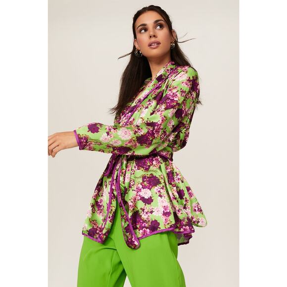 Giovanna Nicolai Silk Floral Wrap Top Size 44 Medium Purple Green Floral Chic - Picture 8 of 12